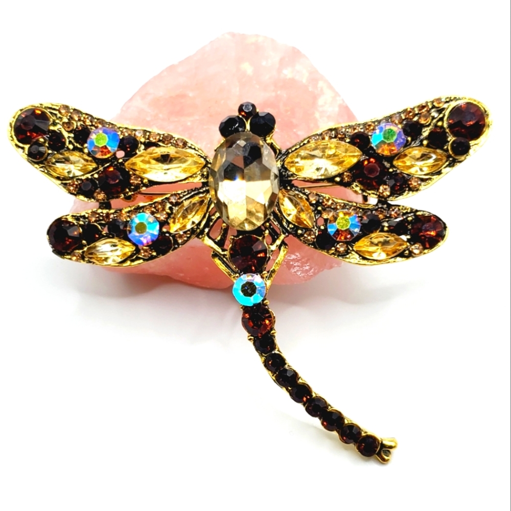 Dragonfly brooch pendant necklace brown crystals gold